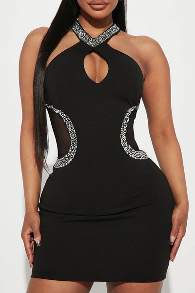Black Mesh Cut-Out Silver Rhinestone Halter Sexy Party Dress
