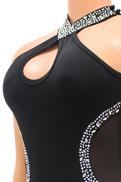 Black Mesh Cut-Out Silver Rhinestone Halter Sexy Party Dress - AMIClubwear