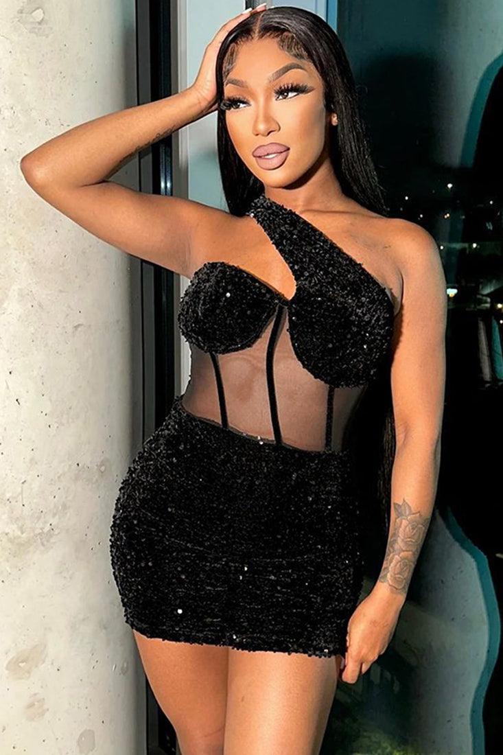 Black Sequins One Shoulder Mesh Boned Corset Waist Sexy Mini Party Dress - AMIClubwear