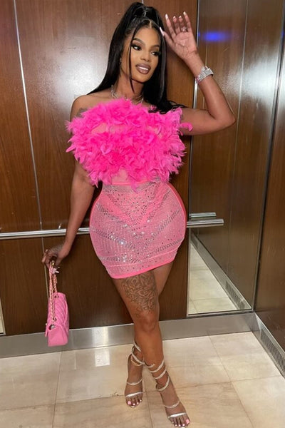 Pink Feather Rhinestone Mesh Strapless Sexy Party Dress