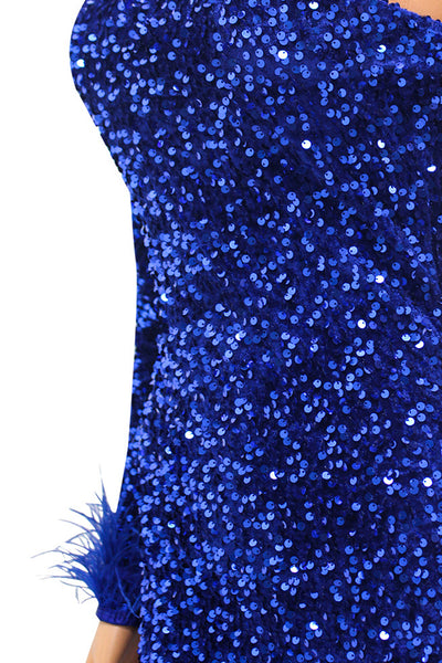 Blue Sequin Feather One Sleeve Sexy Mini Party Dress