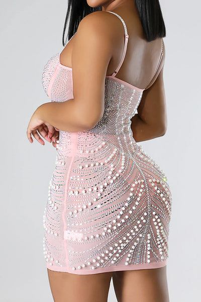 Light Pink Rhinestones Pearl Push-Up Strap Sexy Party Dress