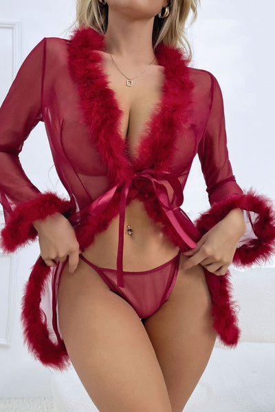 Wine Mesh Fur Trim Robe Thong 2Pc Lingerie Set