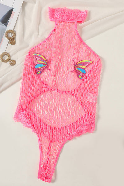 Neon Pink Netted Butterfly High Neck Thong Bodysuit Lingerie