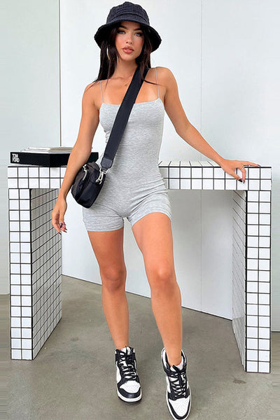 Grey Thin Straps Fitted Cotton Sexy Shorts Romper Outfit