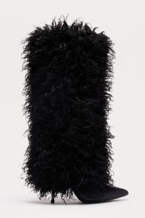 Black Furry Knee High Sexy Eskimo Pointy Heel Fur Boots