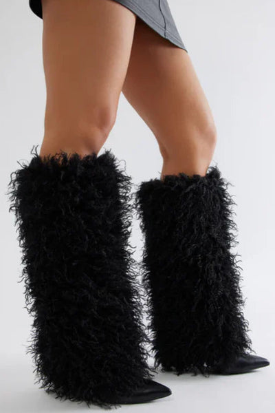 Black Furry Knee High Sexy Eskimo Pointy Heel Fur Boots