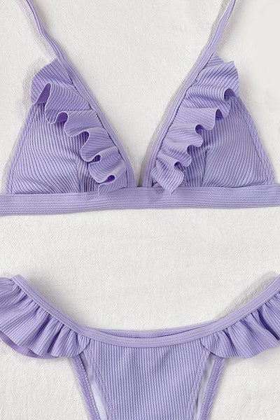 Lavender Ribbed Ruffle Micro Cheeky Sexy 2Pc Swimsuit Set Bikini - AMIClubwear