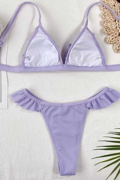 Lavender Ribbed Ruffle Micro Cheeky Sexy 2Pc Swimsuit Set Bikini - AMIClubwear