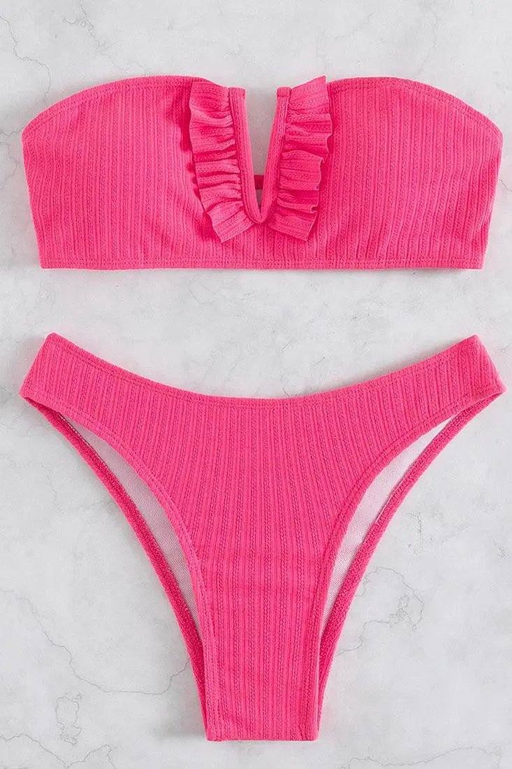 Neon Pink Ribbed Ruffle V-Wire Strapless High Waist Cheeky 2Pc Swimsuit Set Bikini