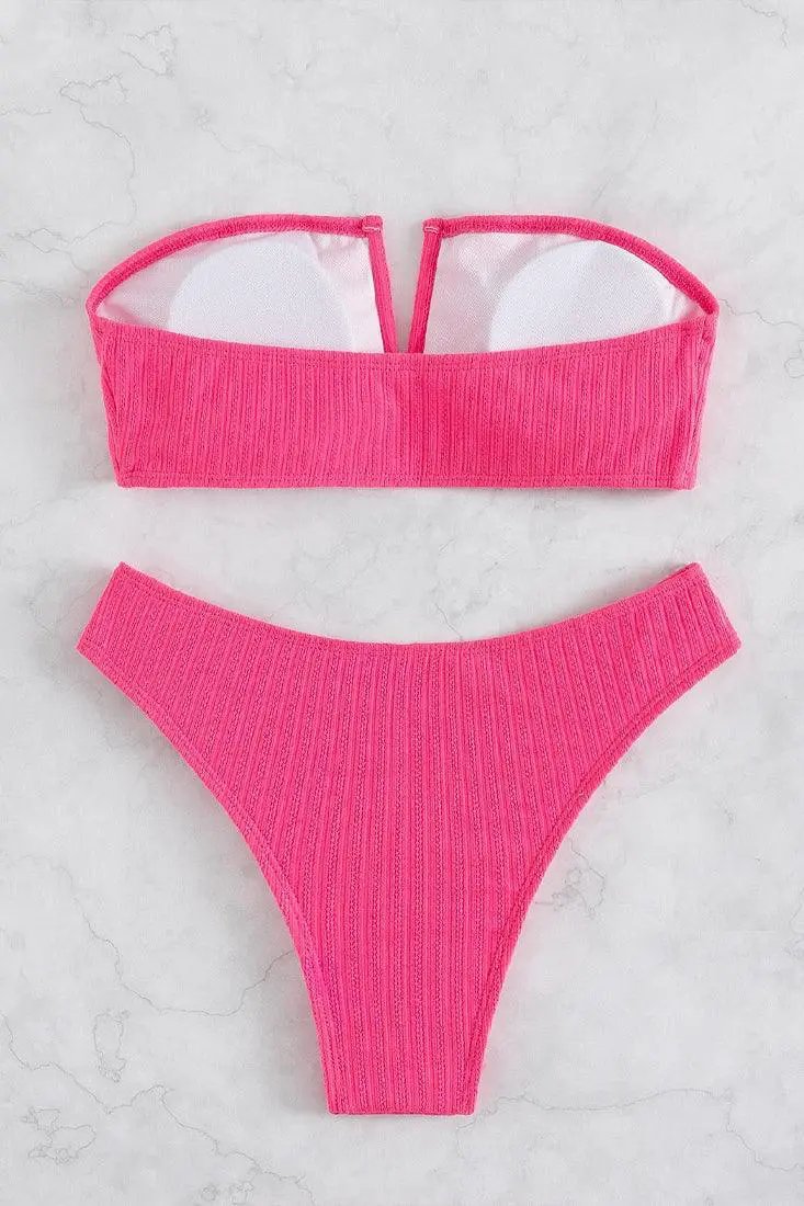 Neon Pink Ribbed Ruffle V-Wire Strapless High Waist Cheeky 2Pc Swimsuit Set Bikini