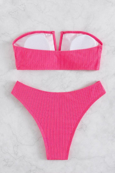 Neon Pink Ribbed Ruffle V-Wire Strapless High Waist Cheeky 2Pc Swimsuit Set Bikini - AMIClubwear