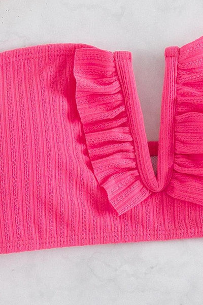 Neon Pink Ribbed Ruffle V-Wire Strapless High Waist Cheeky 2Pc Swimsuit Set Bikini - AMIClubwear