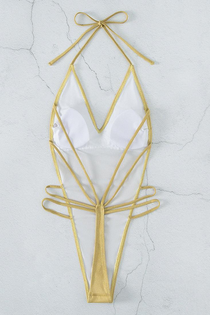 Gold Shimmer Sparkly Strappy High Cut Thong Monokini Sexy Swimsuit - AMIClubwear