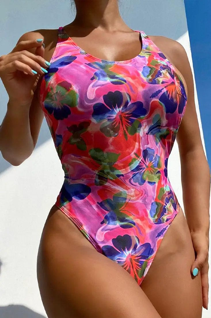 Pink Multi Hibiscus Flower Butterfly Print Strappy Sexy Monokini Swimsuit