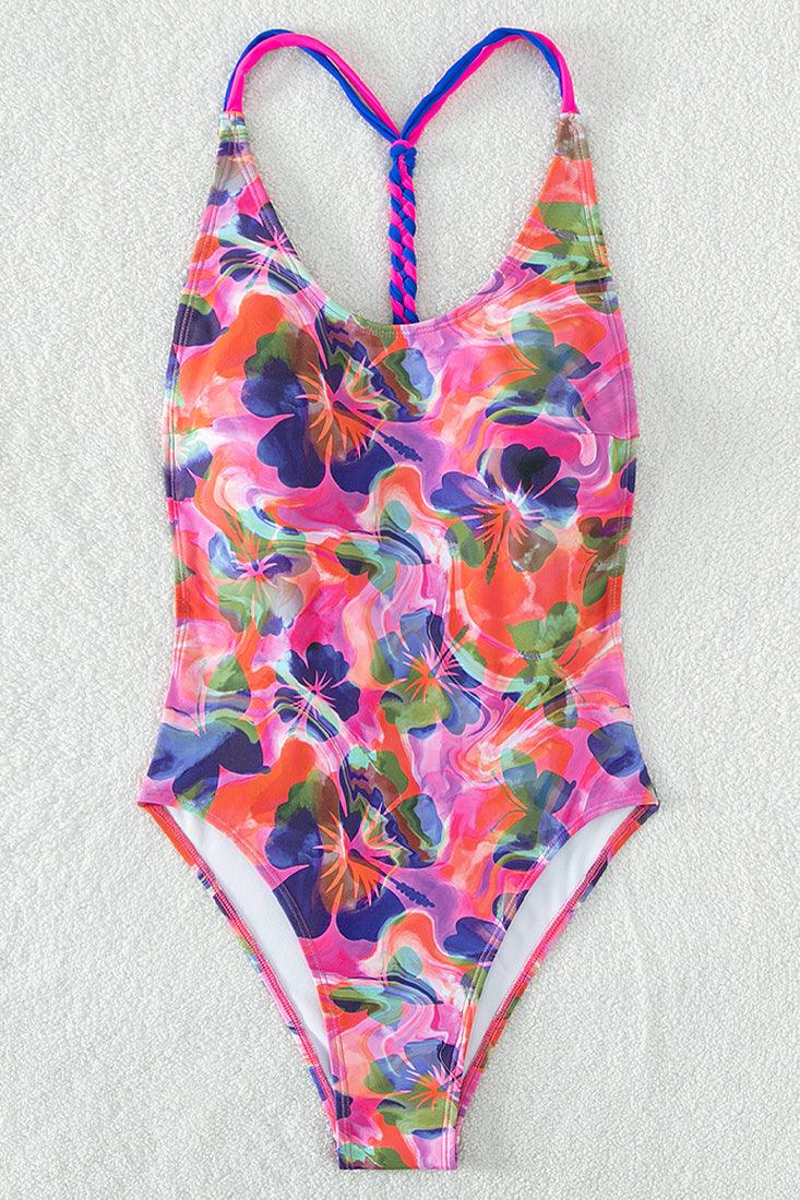 Pink Multi Hibiscus Flower Butterfly Print Strappy Sexy Monokini Swimsuit - AMIClubwear