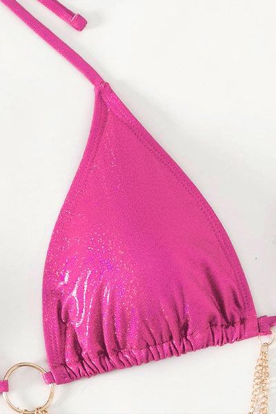 Hot Pink Holographic Metallic Gold Chain Cheeky 2Pc Swimsuit Bikini - AMIClubwear