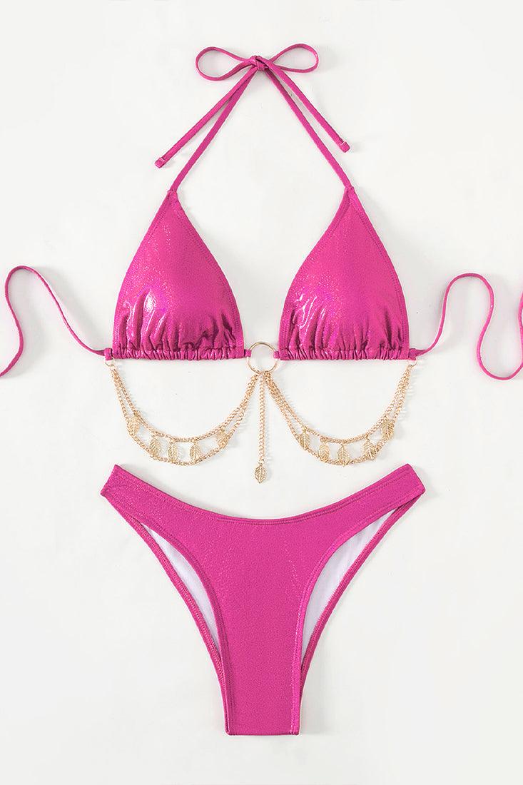 Hot Pink Holographic Metallic Gold Chain Cheeky 2Pc Swimsuit Bikini - AMIClubwear