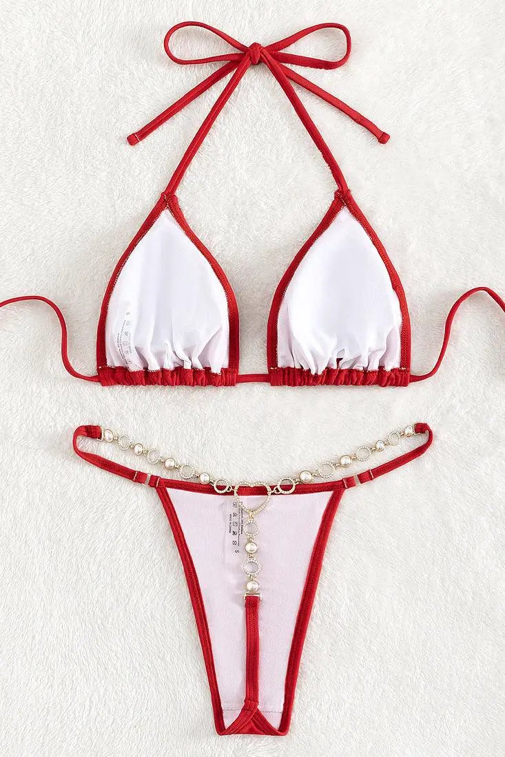 Red Heart Ring Rhinestone Thong 2Pc Swimsuit Set Bikini