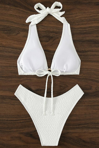 White Halter Gold Ring Pearl Cheeky 2Pc Sexy Swimsuit Bikini - AMIClubwear