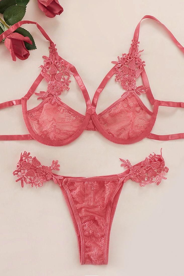 Coral Flower Embroider Lace Strappy Bra Thong 2Pc Lingerie Set - AMIClubwear