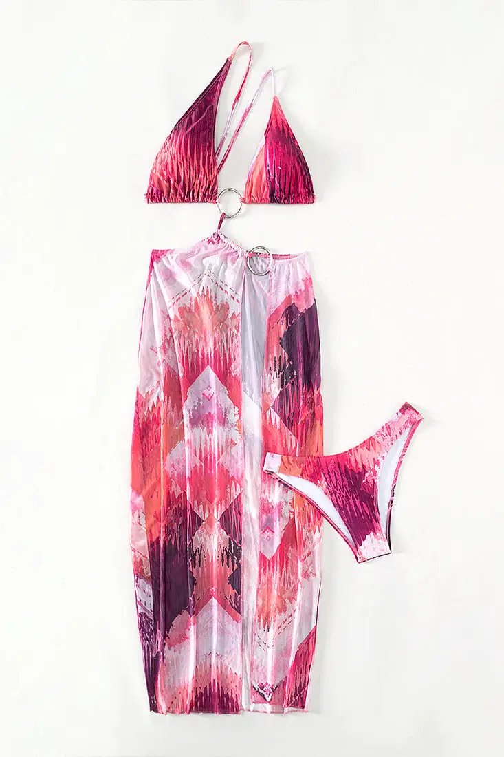 Pink Printed O-Ring Chiffon 2Pc Swimsuit Set Vacation Outfit