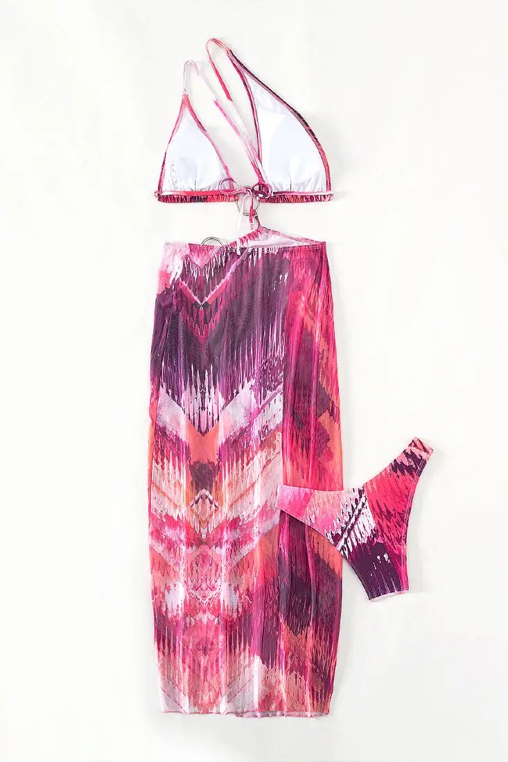 Pink Printed O-Ring Chiffon 2Pc Swimsuit Set Vacation Outfit