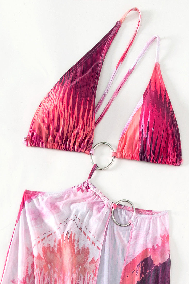 Pink Printed O-Ring Chiffon 2Pc Swimsuit Set Vacation Outfit