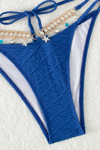 Blue Rhinestone Star Fish Strappy Triangle Cheeky 2Pc Sexy Swimsuit Set Bikini - AMIClubwear