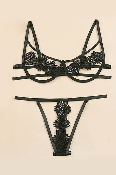 Sexy Black Hollow Out Lace 2 Pc Lingerie Set - AMIClubwear