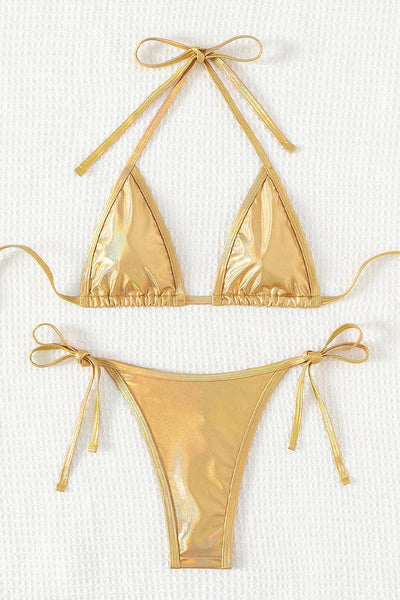 Gold Holographic Rhinestones Triangle Thong 2Pc Bikini Swimsuit Set - AMIClubwear