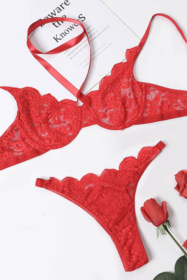 Red Lace Bra Thong Choker 3Pc Sexy Lingerie Set - AMIClubwear