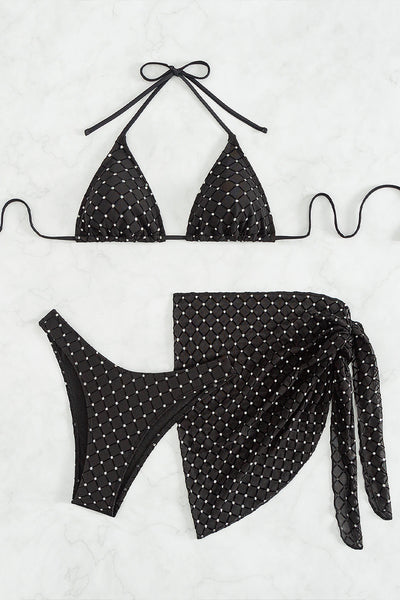 Black Silver Sparkly Triangle Cheeky Cover-Up 3Pc Swimsuit Set
