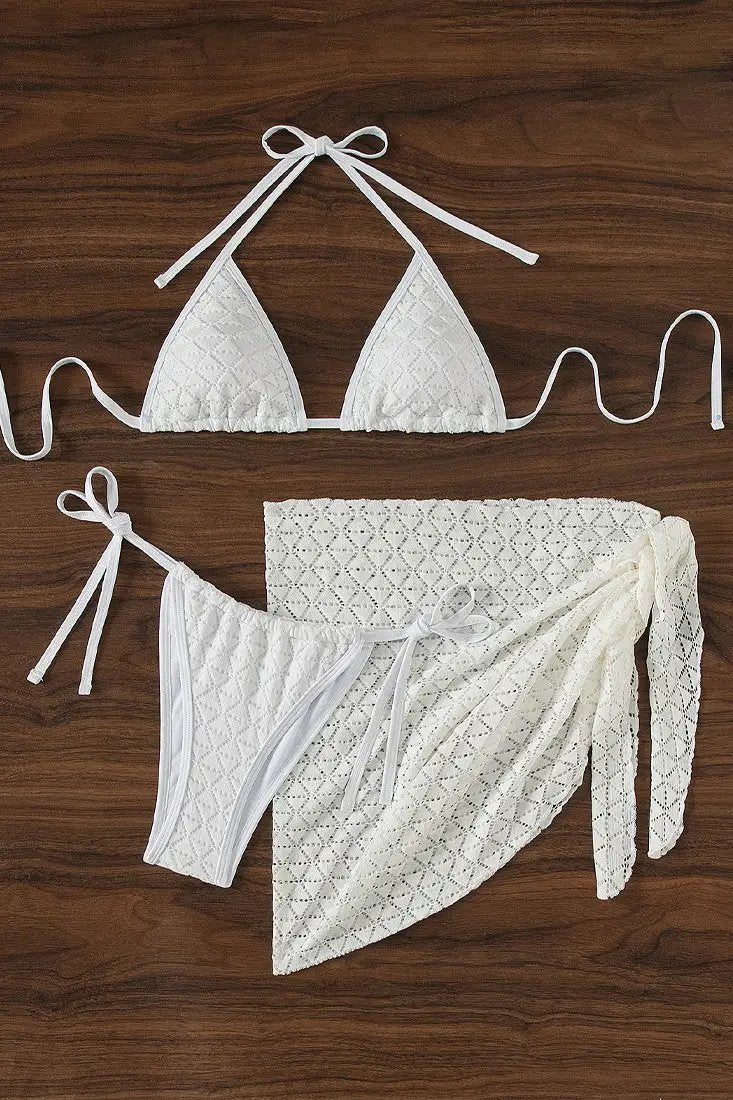 White Crochet Micro Triangle Cheeky Bottom Cover-Up 3Pc Swimsuit