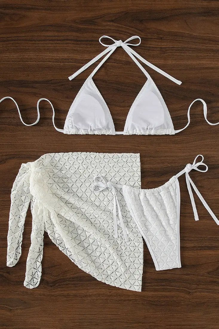 White Crochet Micro Triangle Cheeky Bottom Cover-Up 3Pc Swimsuit