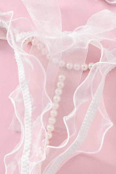White Mesh Ruffle Pearl Cut-Out Bra Thong 2Pc Sexy Lingerie Set