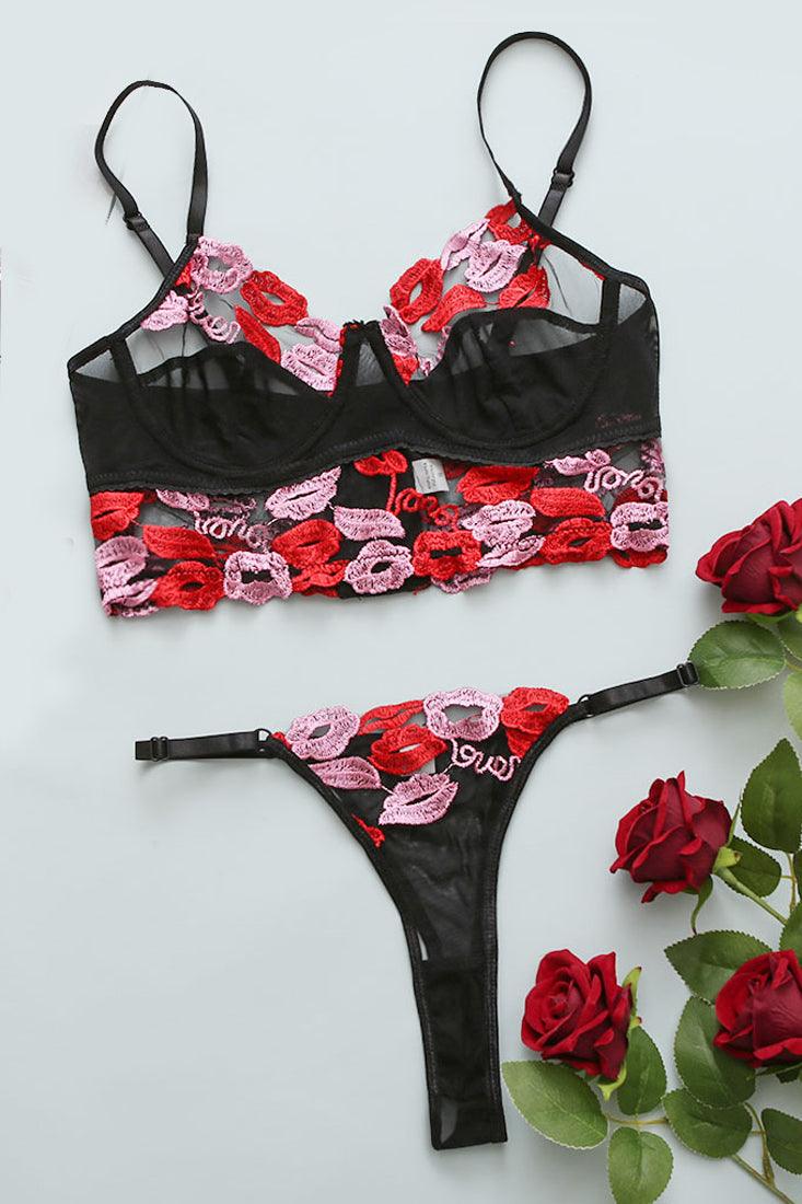 Black Red Lips Love Embroider Mesh Bra Thong 2Pc Sexy Lingerie - AMIClubwear