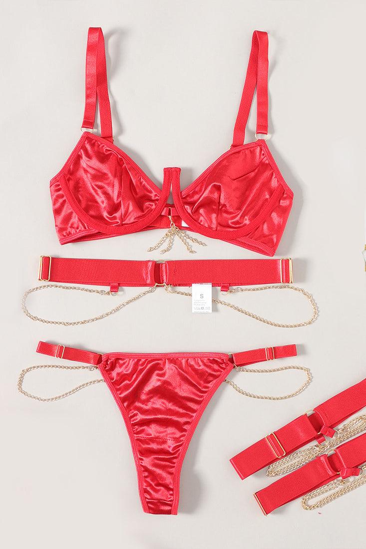 Red Satin Wired Bandage Gold Chain Thong Garter Belt 5Pc Sexy Lingerie AMIClubwear Red Satin Wired Bandage Gold Chain Thong Garter Belt 5Pc Sexy Lingerie AMIClubwear