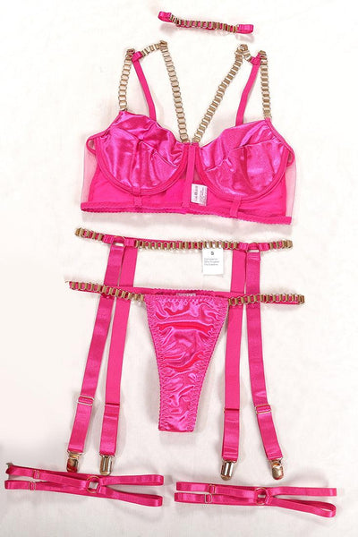 Hot Pink Satin Mesh Chain 6 Pc Thong Garter Lingerie Set - AMIClubwear