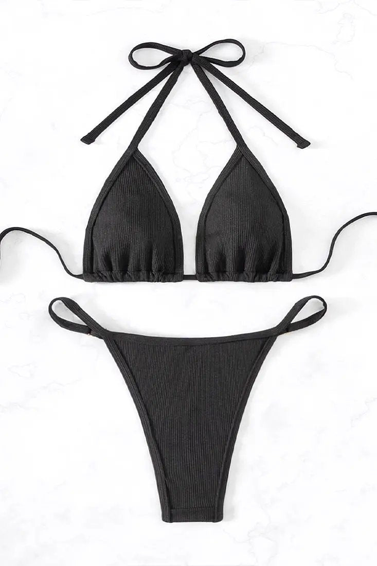 Black Ribbed Rhinestone Gem Sexy Micro Bikini Thong 2Pc Swimsuit Set