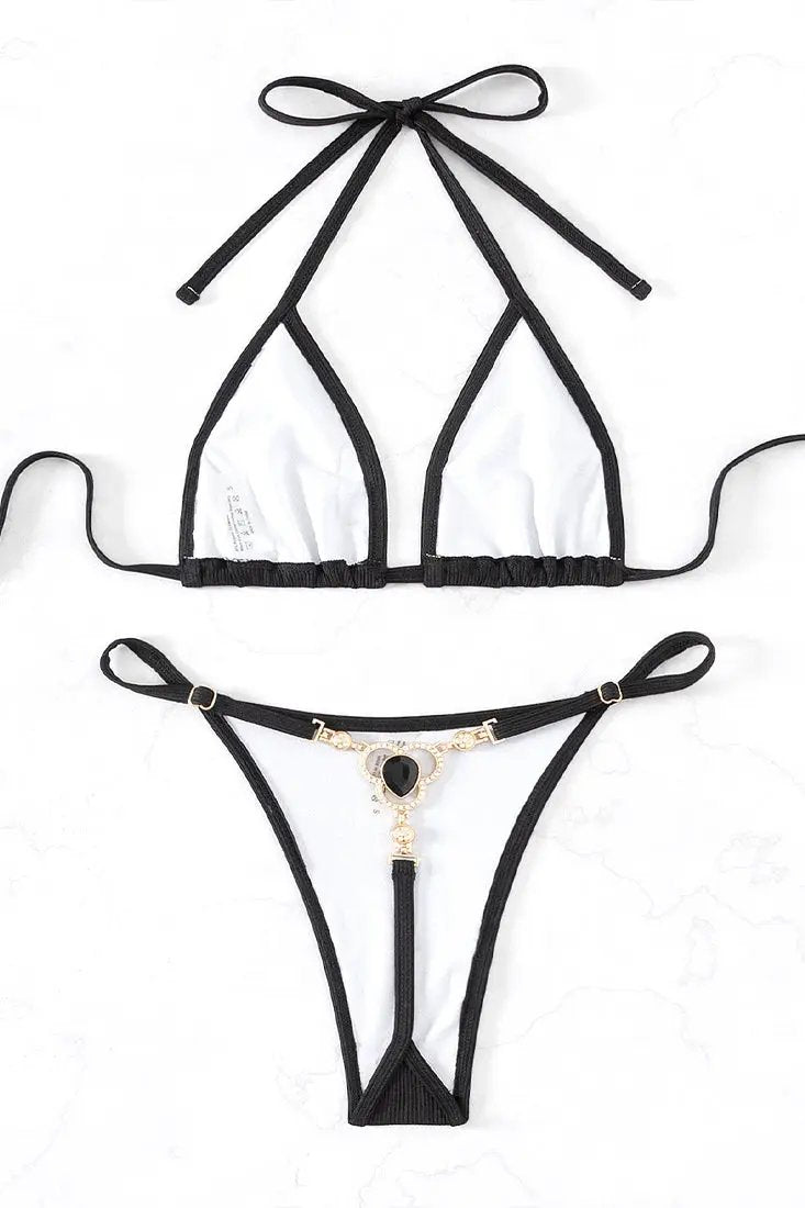 Black Ribbed Rhinestone Gem Sexy Micro Bikini Thong 2Pc Swimsuit Set