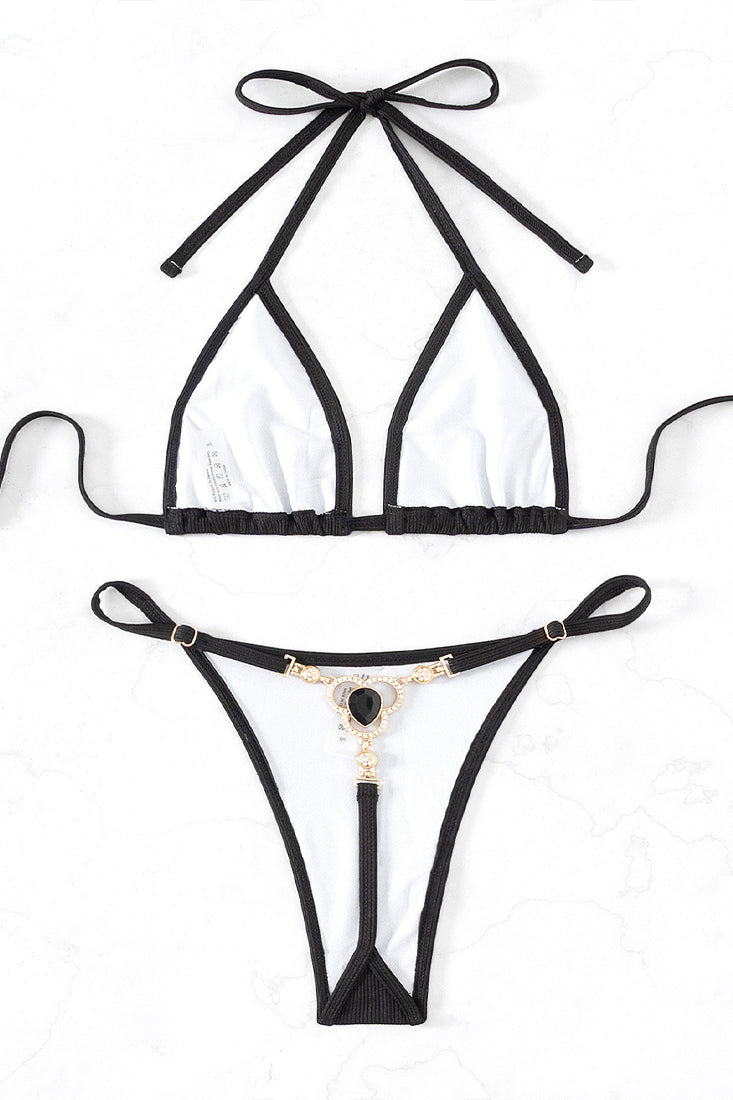 Black Ribbed Rhinestone Gem Sexy Micro Bikini Thong 2Pc Swimsuit Set