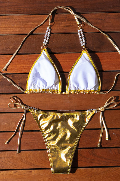 Gold Metallic Pearl Triangle Top Cheeky Bottom Sexy Bikini 2Pc Swimsuit