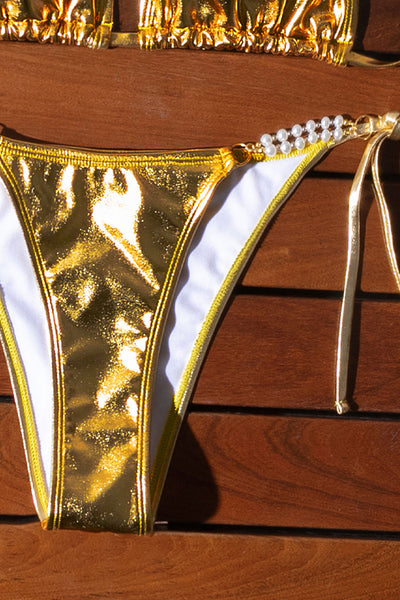 Gold Metallic Pearl Triangle Top Cheeky Bottom Sexy Bikini 2Pc Swimsuit