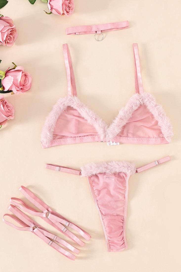 Pink Fur Mesh Choker Bra Thong Garters 5Pc Sexy Lingerie Set - AMIClubwear