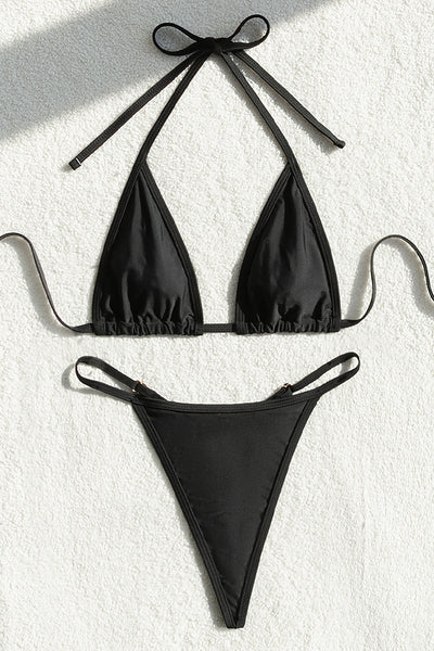 Black Rhinestone Buckle Micro Bikini Narrow Triangle Thong 2Pc Swimsuit