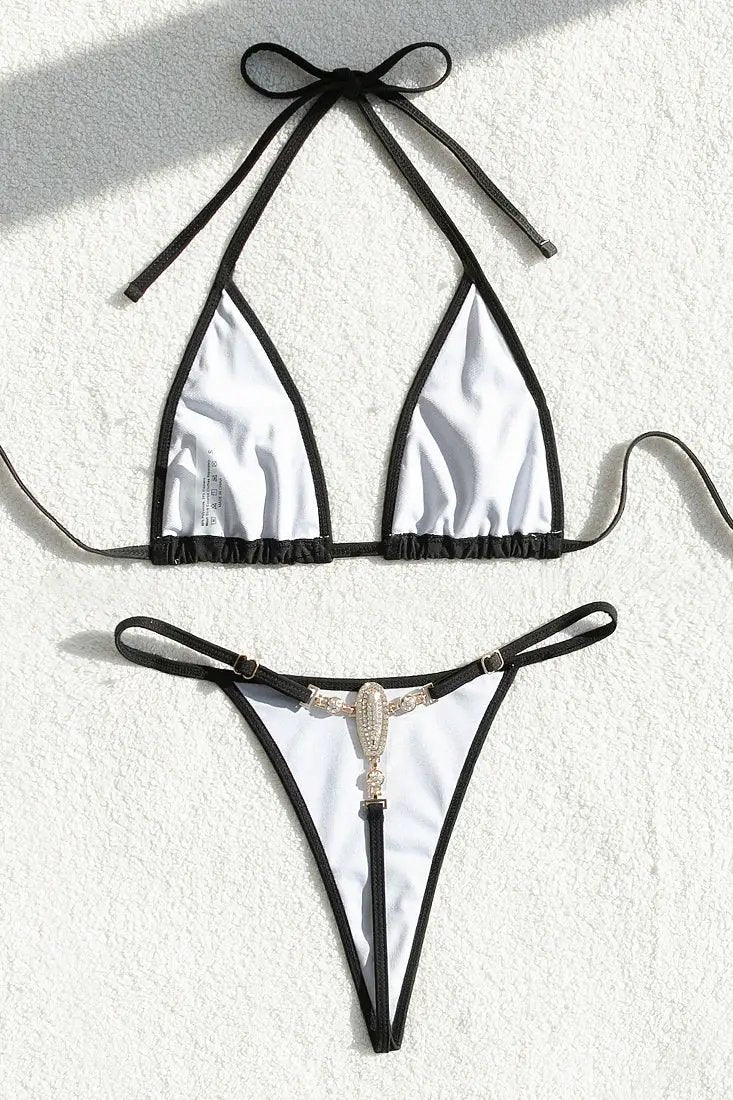 Black Rhinestone Buckle Micro Bikini Narrow Triangle Thong 2Pc Swimsuit