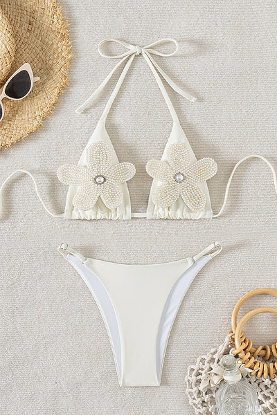 White Pearl Rhinestone 3D Flowers Sexy 2Pc Swimsuit Set