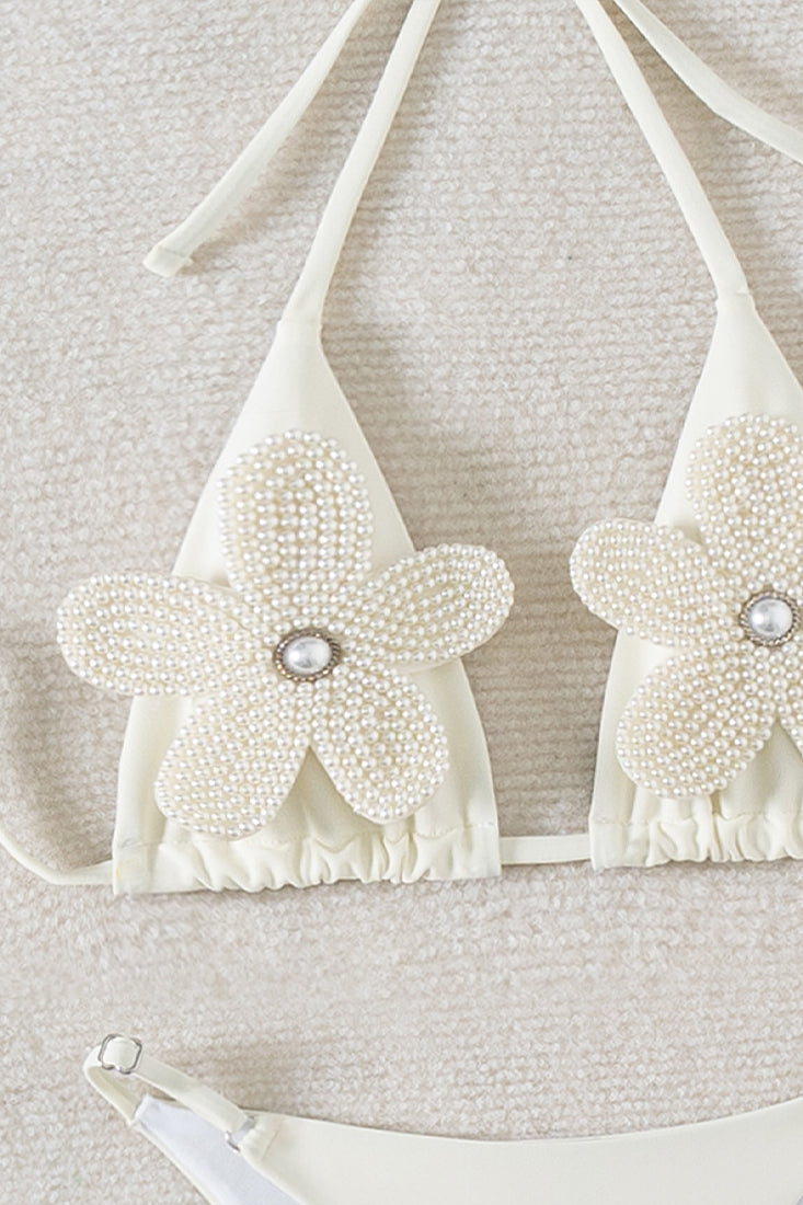 White Pearl Rhinestone 3D Flowers Sexy 2Pc Swimsuit Set