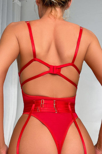 Red Mesh Bandage Strappy Bodysuit Garter Belt 4Pc Sexy Lingerie Set - AMIClubwear